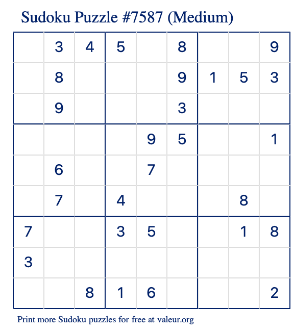 Free Printable Medium Sudoku Puzzle number 7587