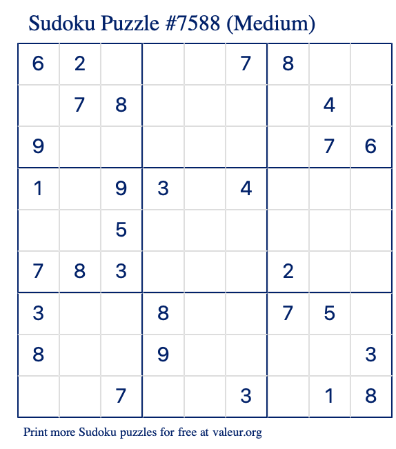 Free Printable Medium Sudoku Puzzle number 7588