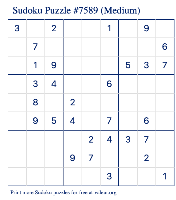 Free Printable Medium Sudoku Puzzle number 7589