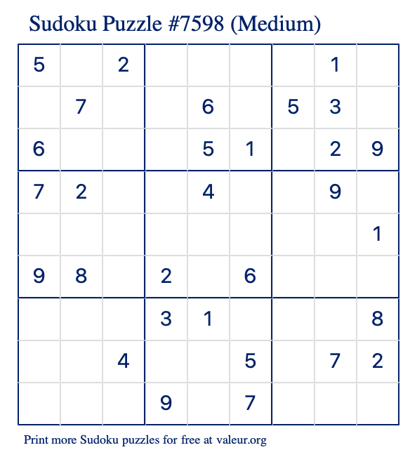 Free Printable Medium Sudoku Puzzle number 7598