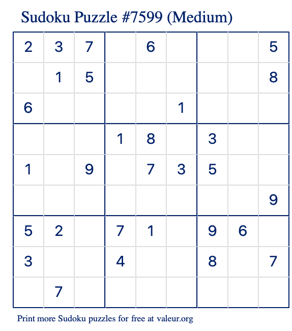 Free Printable Medium Sudoku Puzzle number 7599