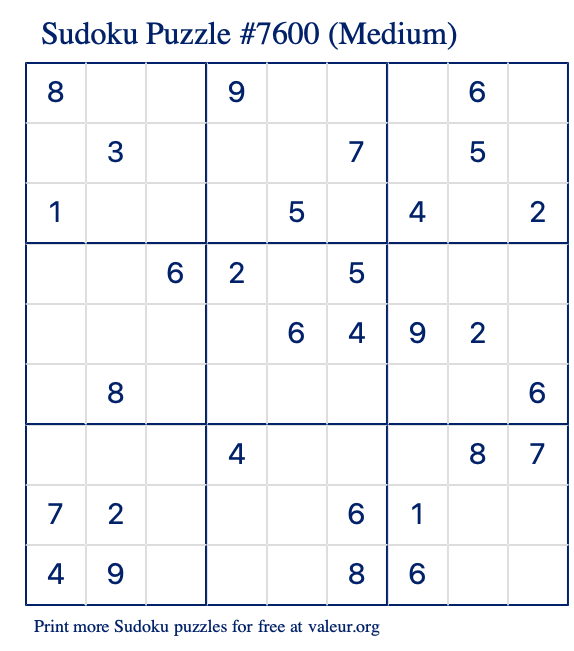 Free Printable Medium Sudoku Puzzle number 7600