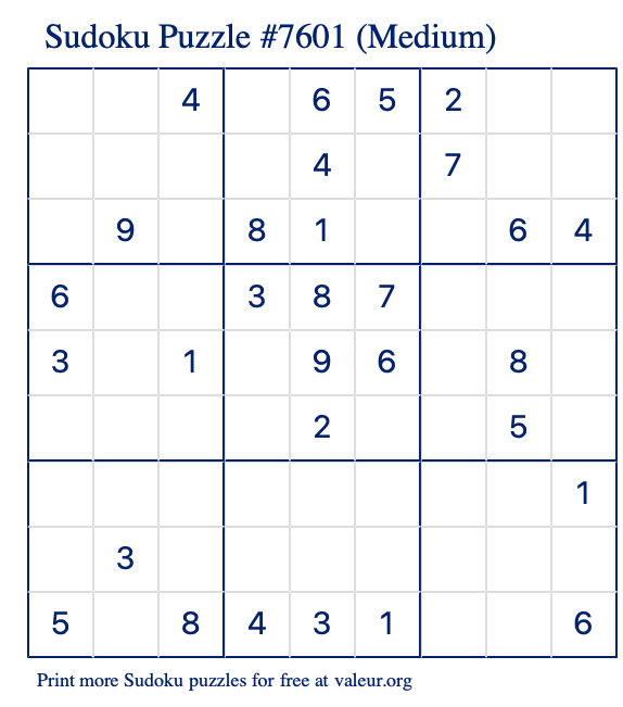 Free Printable Medium Sudoku Puzzle number 7601