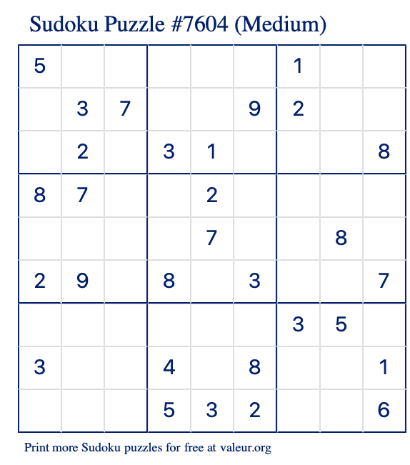 Free Printable Medium Sudoku Puzzle number 7604