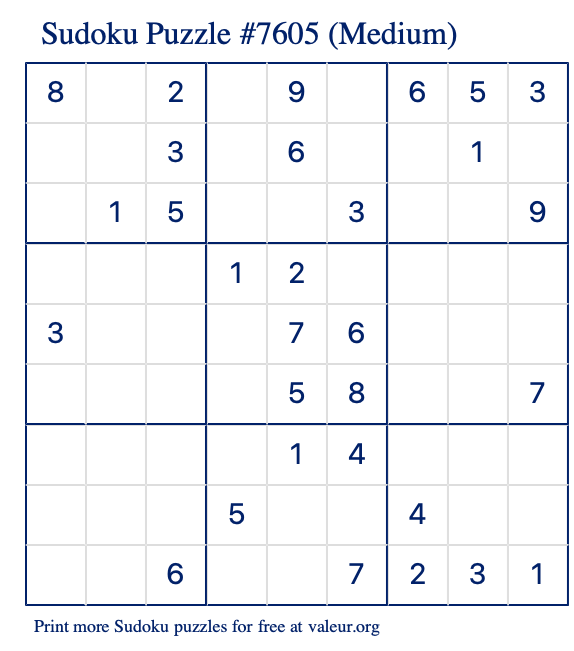 Free Printable Medium Sudoku Puzzle number 7605