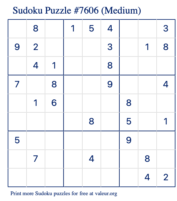 Free Printable Medium Sudoku Puzzle number 7606