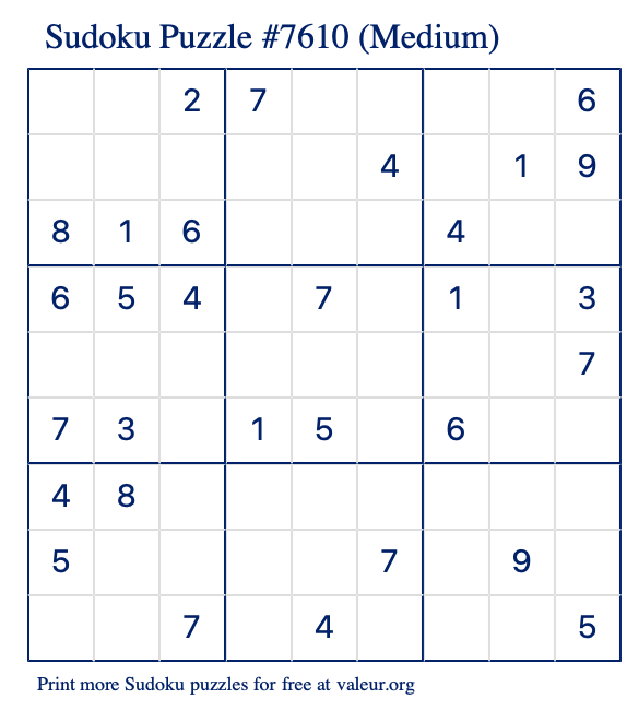 Free Printable Medium Sudoku Puzzle number 7610