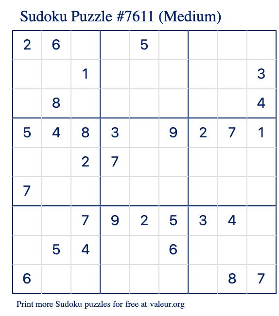 Free Printable Medium Sudoku Puzzle number 7611