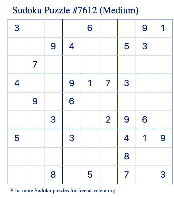 Free Printable Medium Sudoku Puzzle number 7612