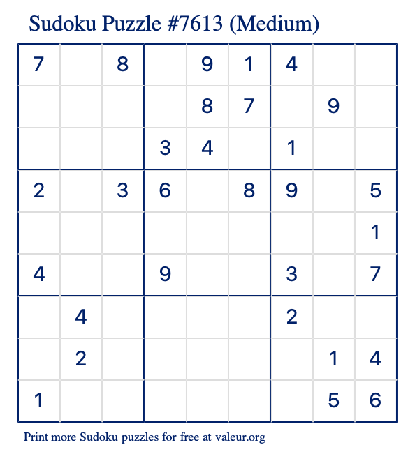 Free Printable Medium Sudoku Puzzle number 7613