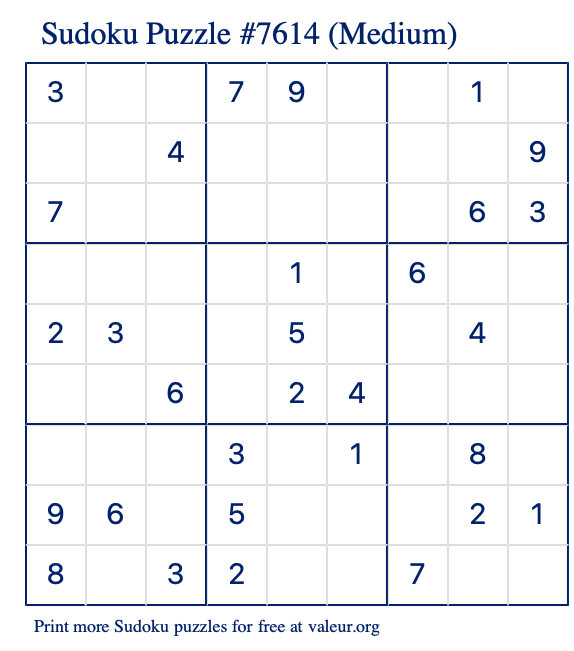 Free Printable Medium Sudoku Puzzle number 7614