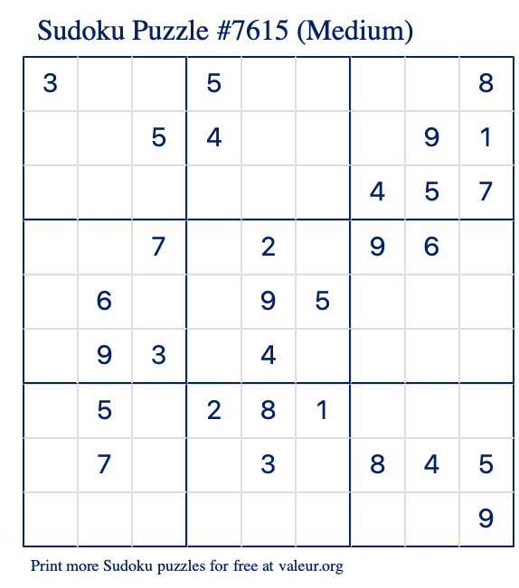 Free Printable Medium Sudoku Puzzle number 7615