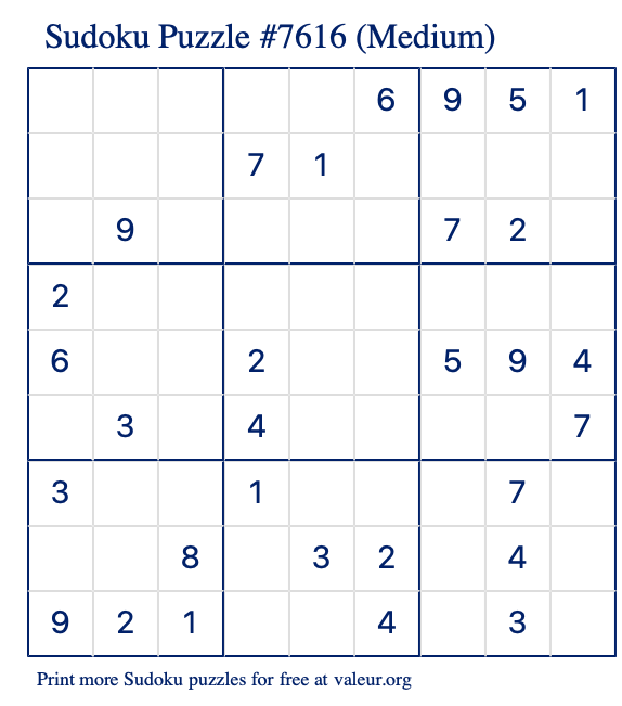 Free Printable Medium Sudoku Puzzle number 7616