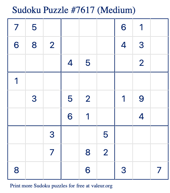 Free Printable Medium Sudoku Puzzle number 7617