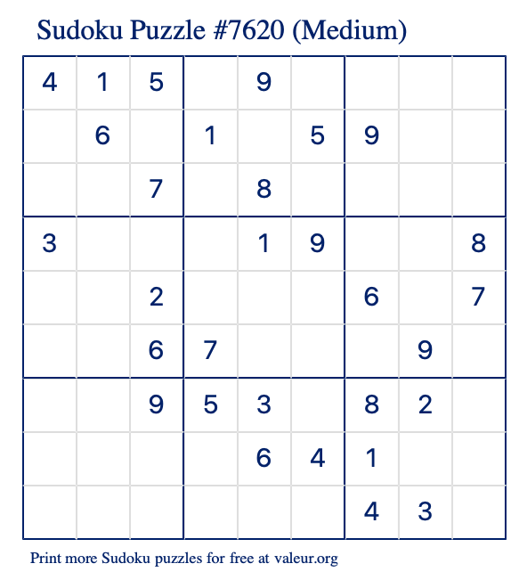 Free Printable Medium Sudoku Puzzle number 7620