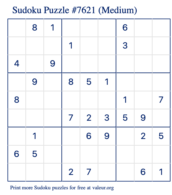 Free Printable Medium Sudoku Puzzle number 7621