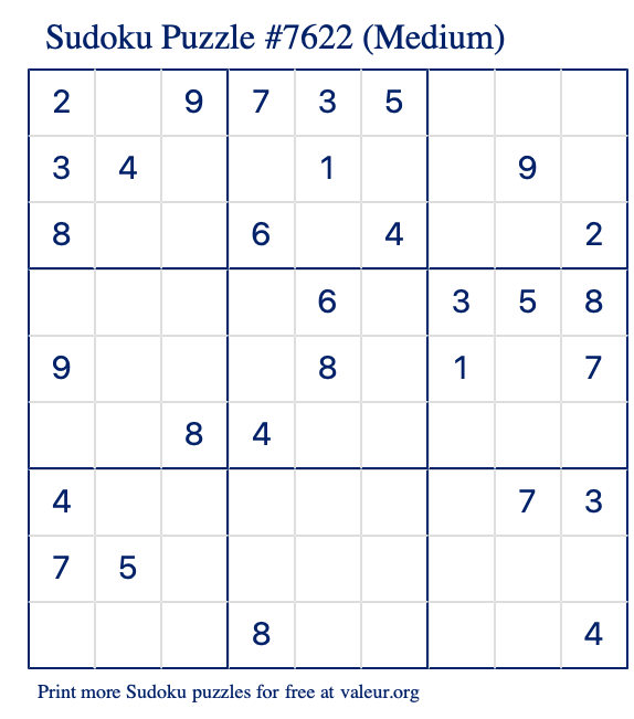 Free Printable Medium Sudoku Puzzle number 7622