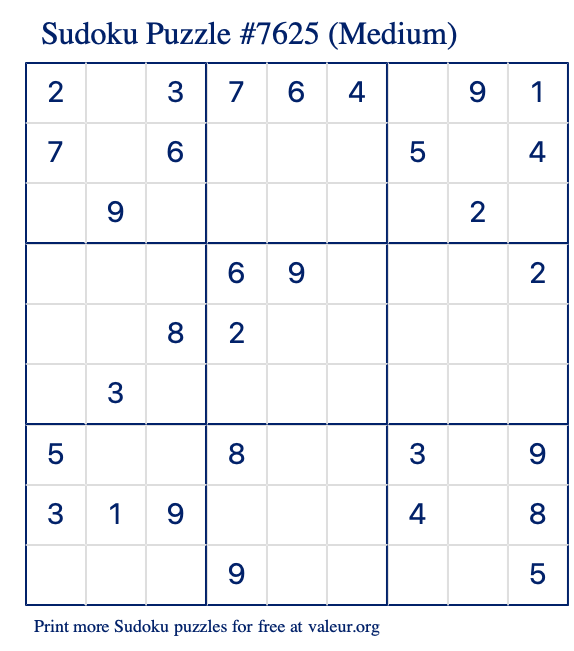 Free Printable Medium Sudoku Puzzle number 7625