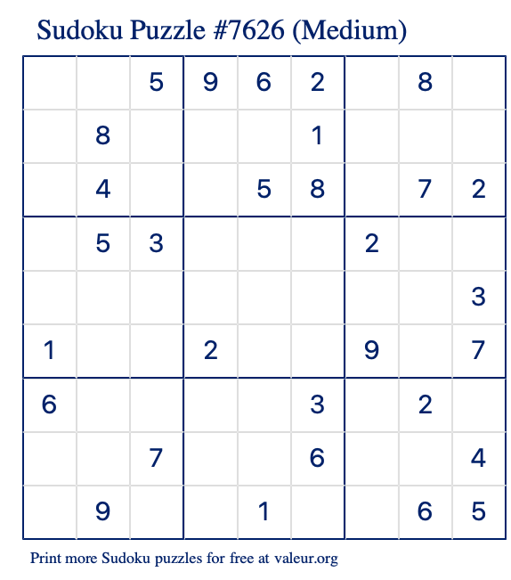 Free Printable Medium Sudoku Puzzle number 7626