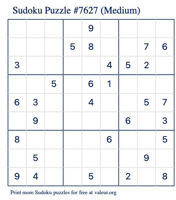 Free Printable Medium Sudoku Puzzle number 7627