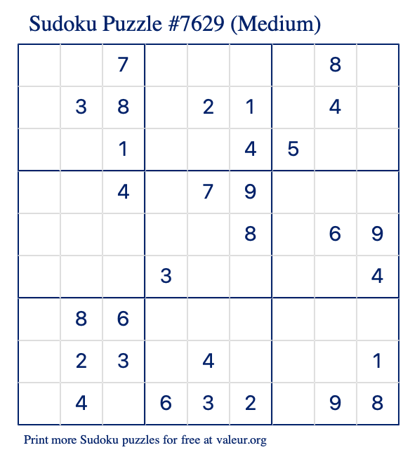 Free Printable Medium Sudoku Puzzle number 7629