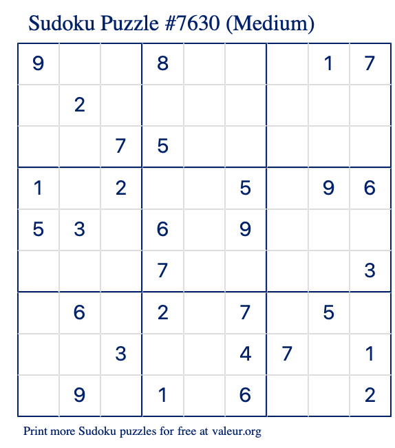 Free Printable Medium Sudoku Puzzle number 7630