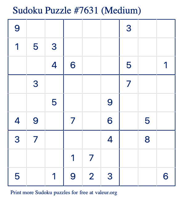 Free Printable Medium Sudoku Puzzle number 7631