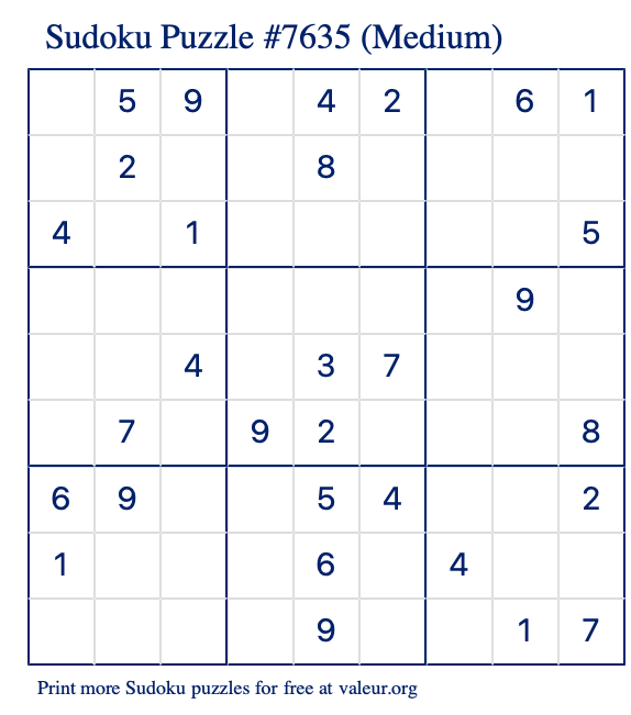 Free Printable Medium Sudoku Puzzle number 7635
