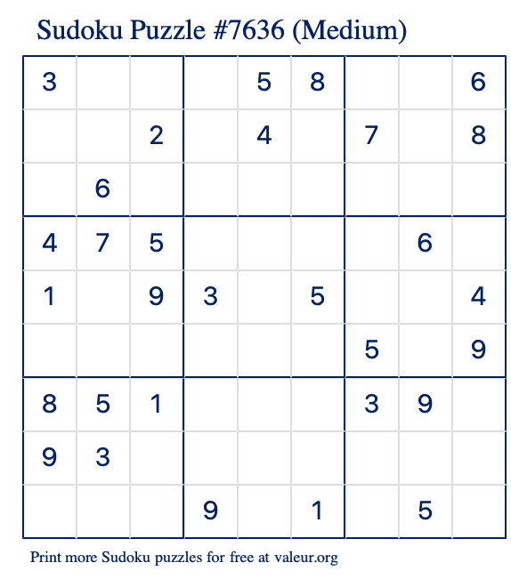 Free Printable Medium Sudoku Puzzle number 7636