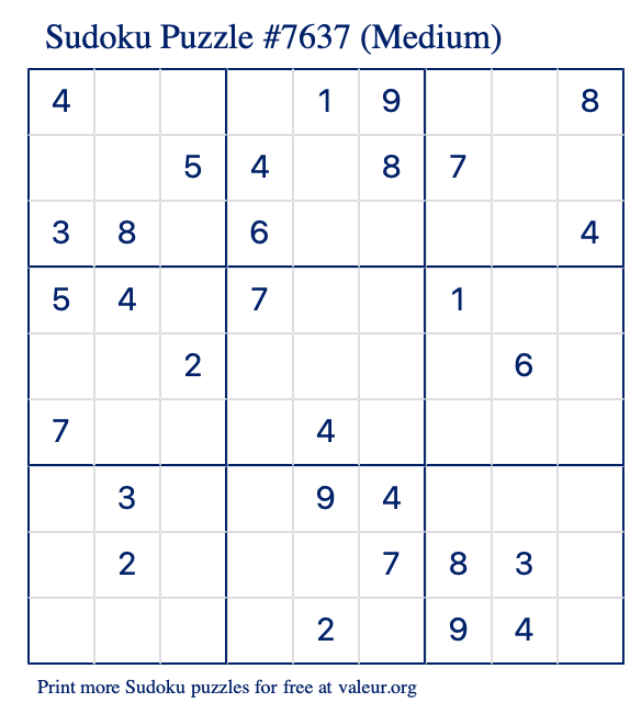 Free Printable Medium Sudoku Puzzle number 7637