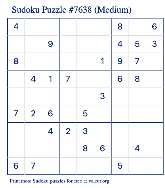 Free Printable Medium Sudoku Puzzle number 7638