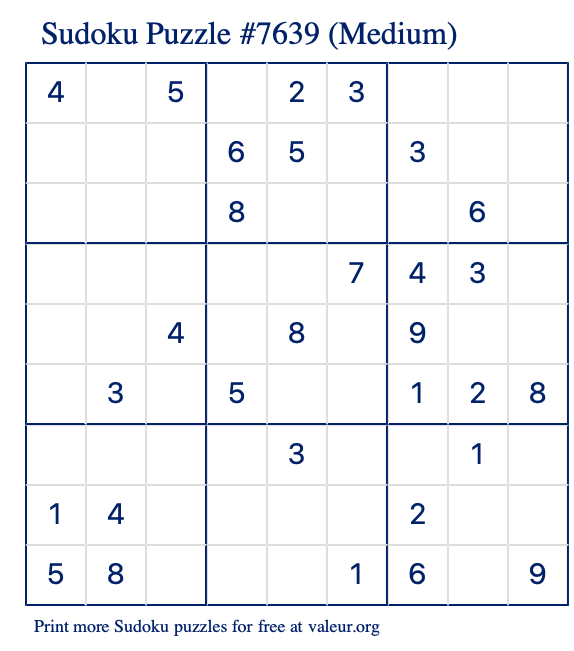 Free Printable Medium Sudoku Puzzle number 7639