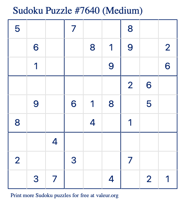 Free Printable Medium Sudoku Puzzle number 7640