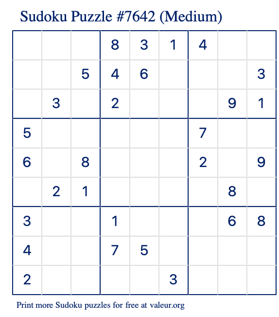 Free Printable Medium Sudoku Puzzle number 7642