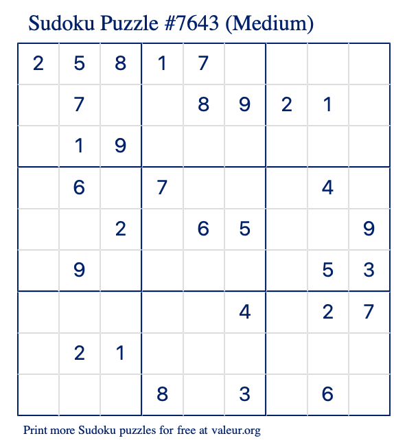 Free Printable Medium Sudoku Puzzle number 7643