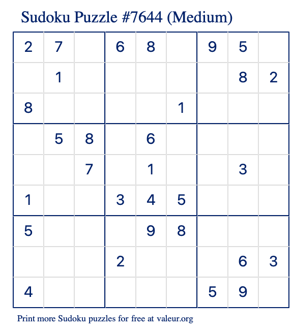 Free Printable Medium Sudoku Puzzle number 7644