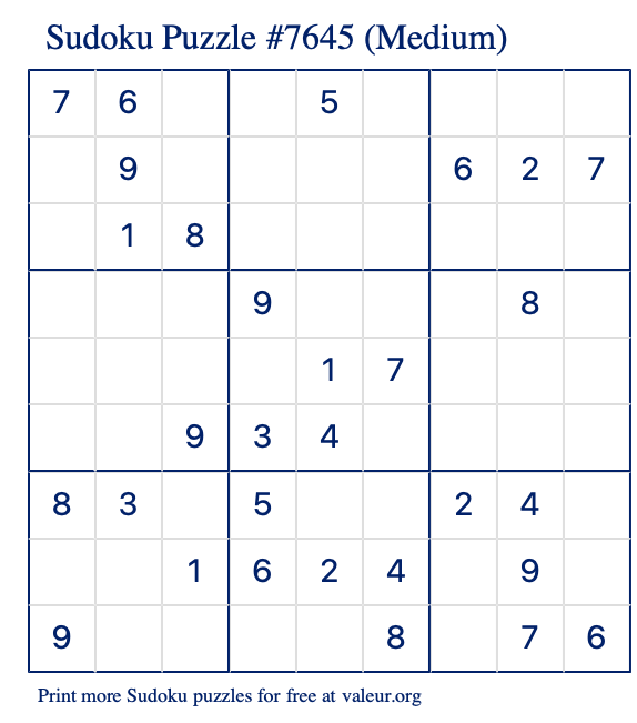 Free Printable Medium Sudoku Puzzle number 7645