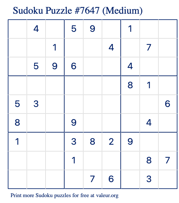 Free Printable Medium Sudoku Puzzle number 7647