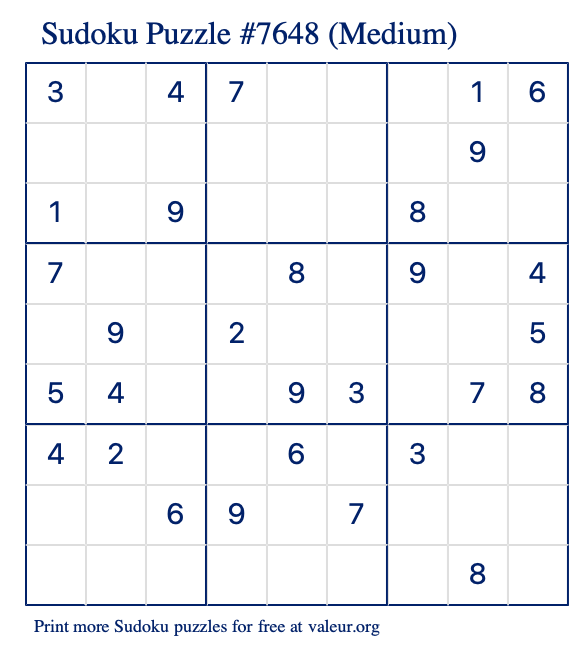 Free Printable Medium Sudoku Puzzle number 7648