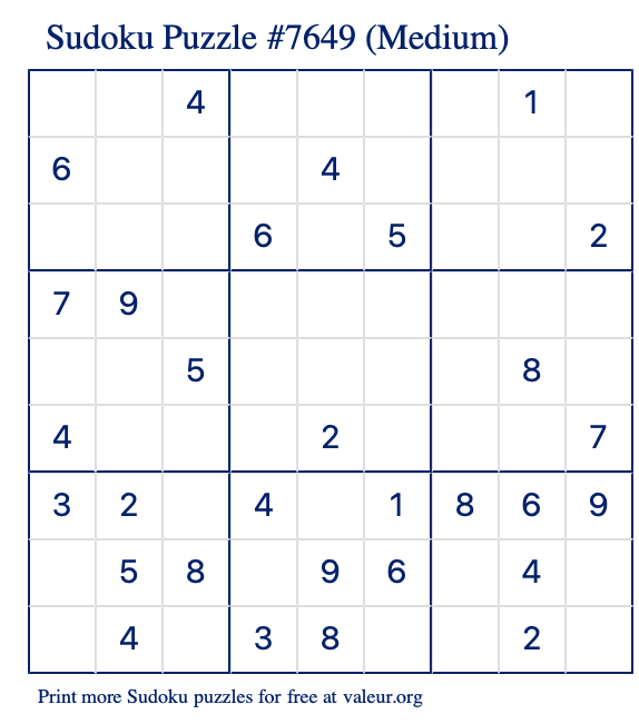Free Printable Medium Sudoku Puzzle number 7649