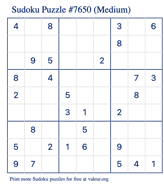 Free Printable Medium Sudoku Puzzle number 7650