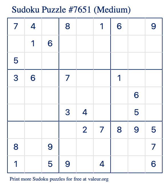 Free Printable Medium Sudoku Puzzle number 7651