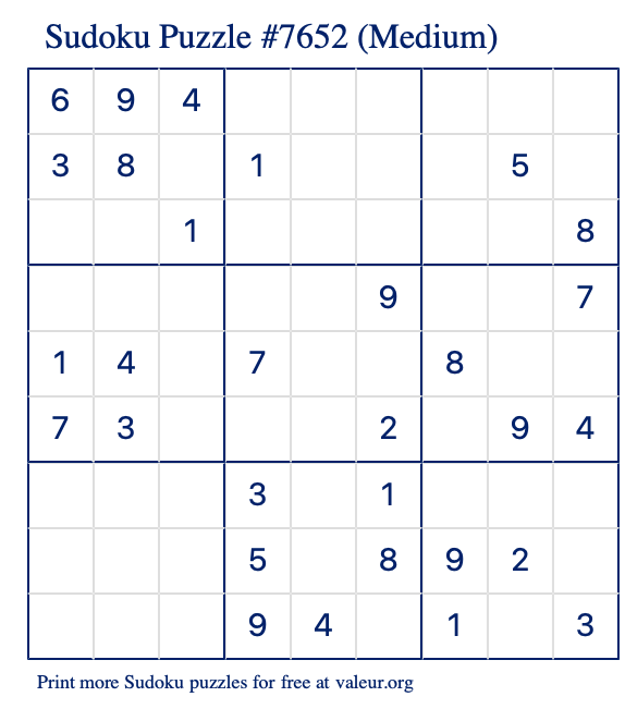 Free Printable Medium Sudoku Puzzle number 7652