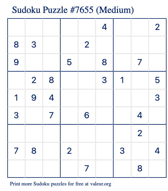 Free Printable Medium Sudoku Puzzle number 7655