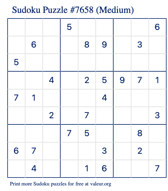 Free Printable Medium Sudoku Puzzle number 7658