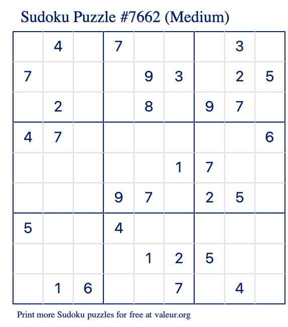 Free Printable Medium Sudoku Puzzle number 7662