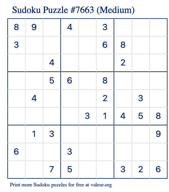Free Printable Medium Sudoku Puzzle number 7663