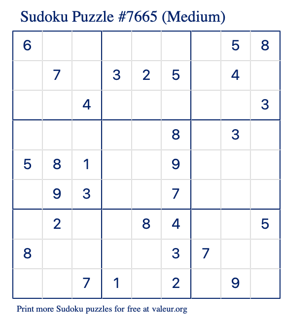 Free Printable Medium Sudoku Puzzle number 7665