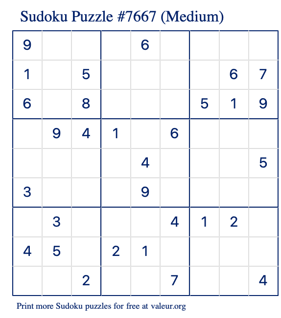 Free Printable Medium Sudoku Puzzle number 7667