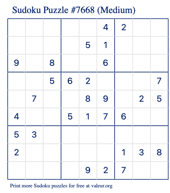 Free Printable Medium Sudoku Puzzle number 7668